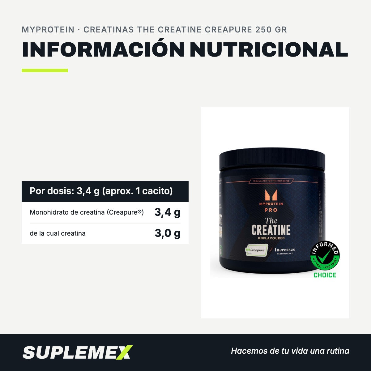 Información nutricional Creatinas the creatine creapure 250 gr