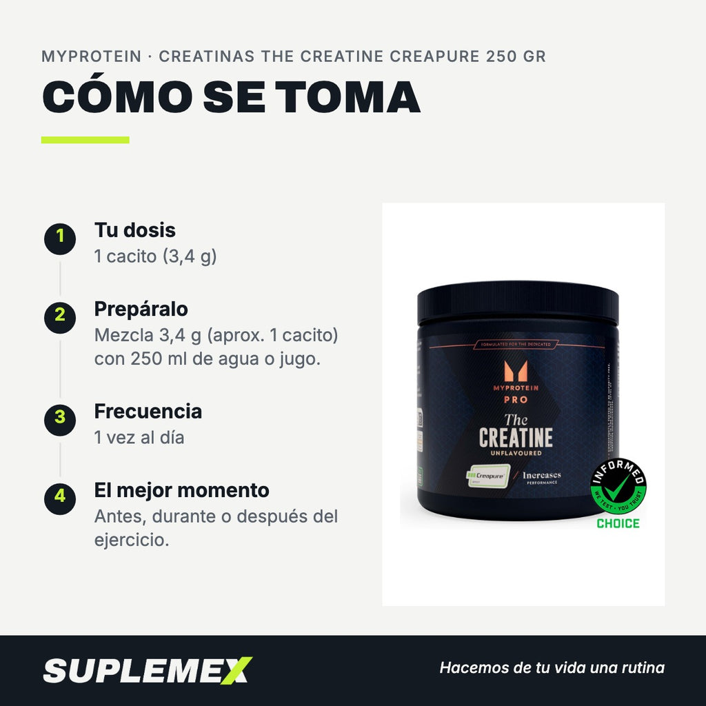 Modo de uso Creatinas the creatine creapure: 3,4 g (aprox. 1 cacito) en 250 ml