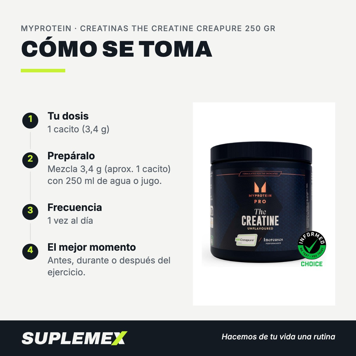 Modo de uso Creatinas the creatine creapure: 3,4 g (aprox. 1 cacito) en 250 ml