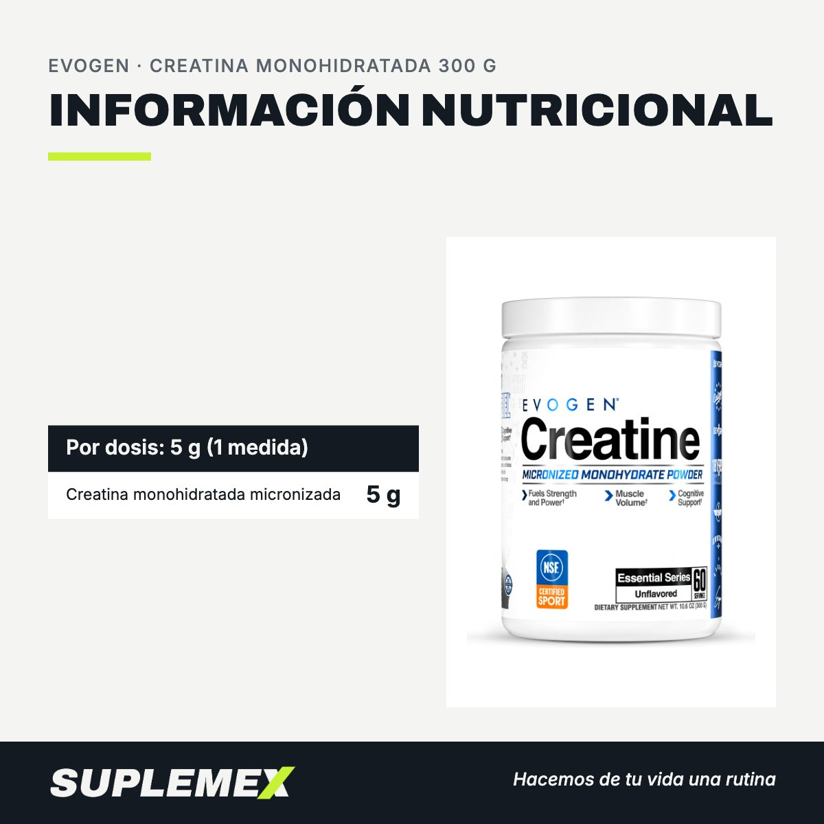 Información nutricional Creatina monohidratada 300 g