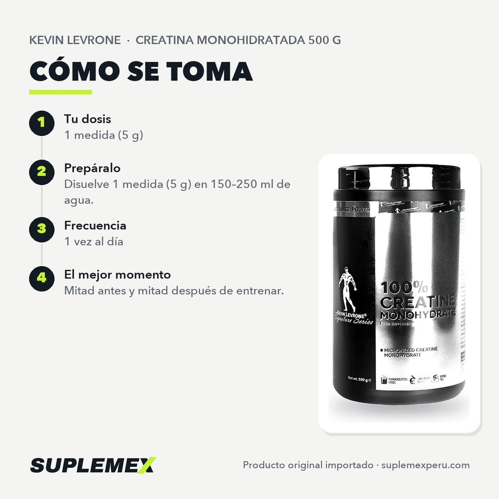 Modo de uso de Creatina Kevin Levrone 500 g: dos medidas de 2,5 g al día en agua o jugo.