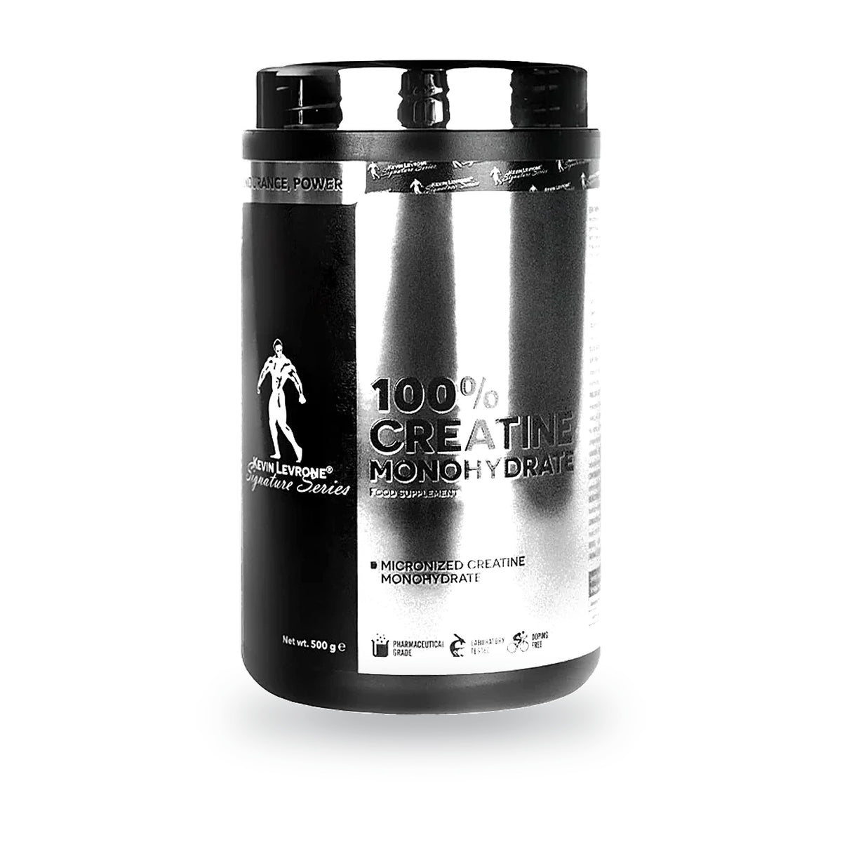 Creatina Monohidratada 500 g Kevin Levrone, envase frontal. 100 tomas de 5 g.