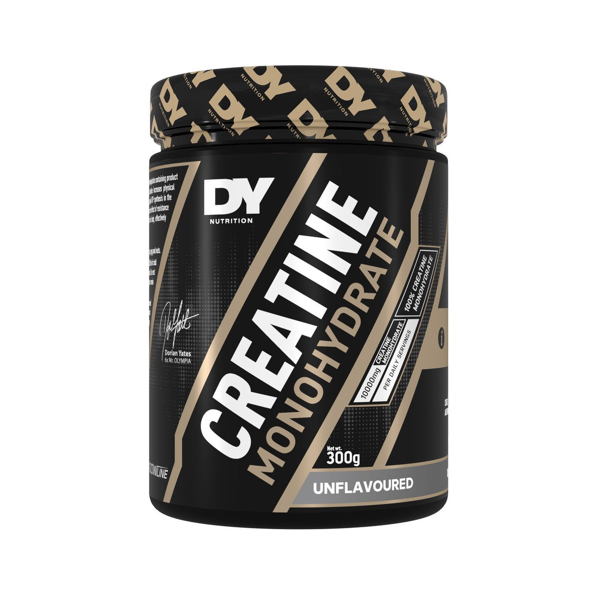 Pote negro de Creatine Monohydrate de DY Nutrition, 300 g, sin sabor, vista frontal