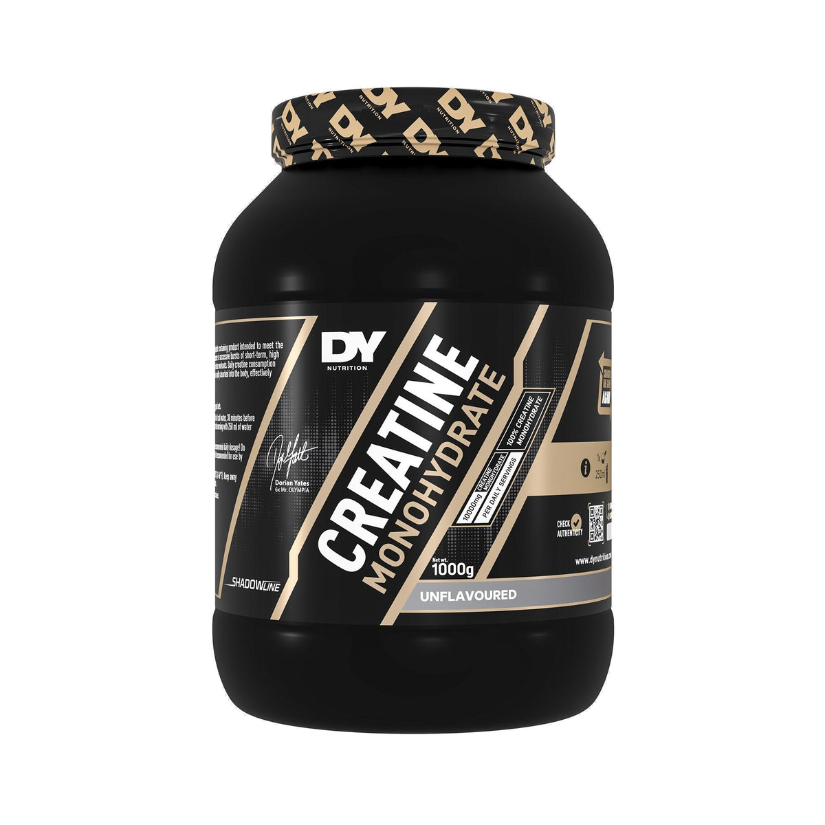 Envase negro de 1 kg de creatina monohidratada DY Nutrition sin sabor