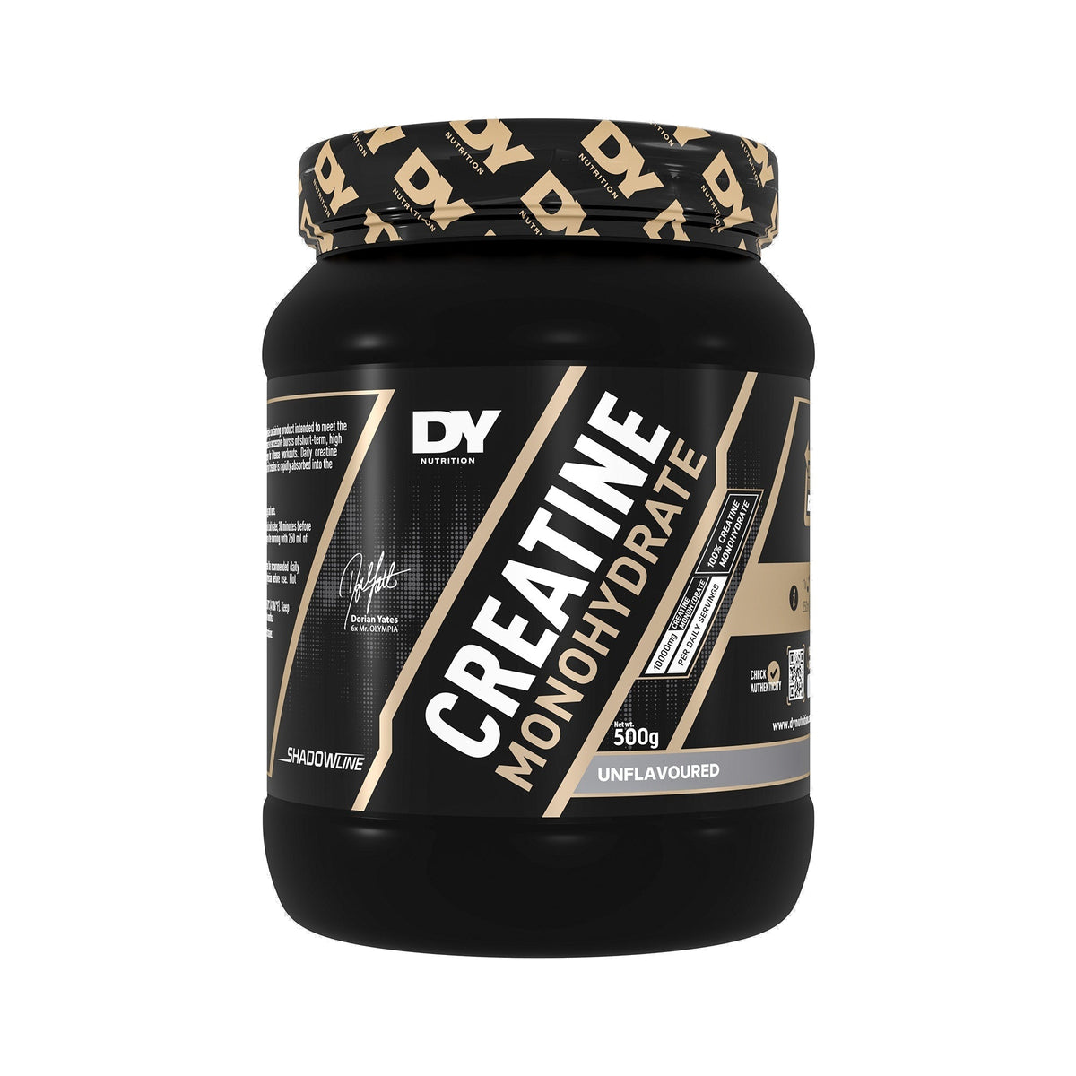 Envase negro de 500 g de creatina monohidratada DY Nutrition, sin sabor