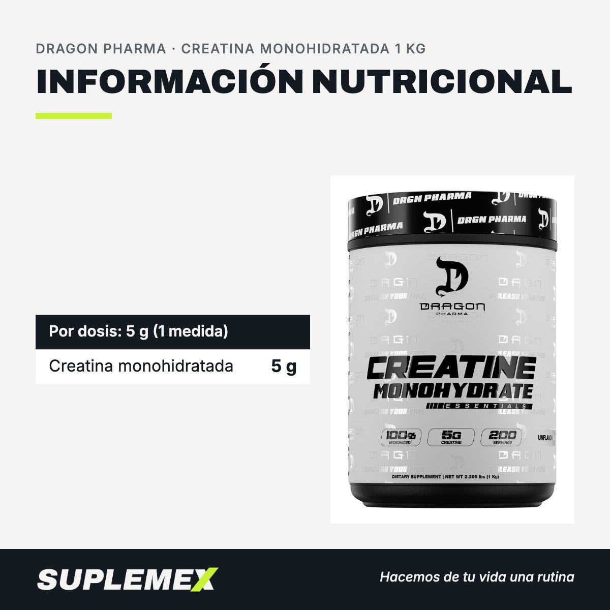 Información nutricional Creatina monohidratada 1 kg
