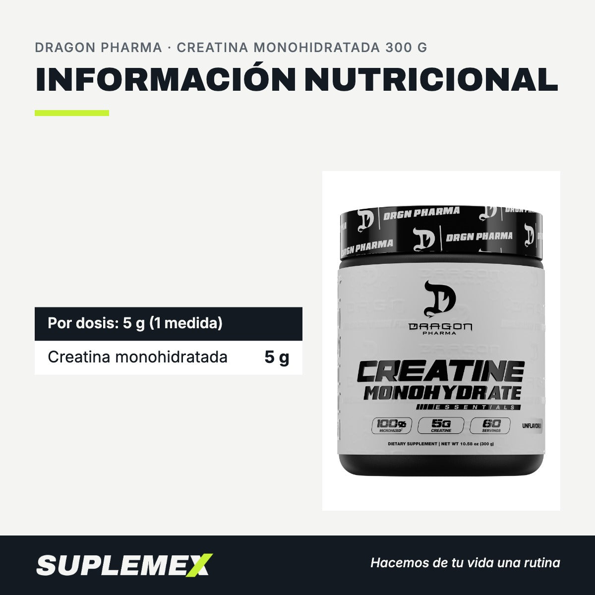 Información nutricional Creatina monohidratada 300 g