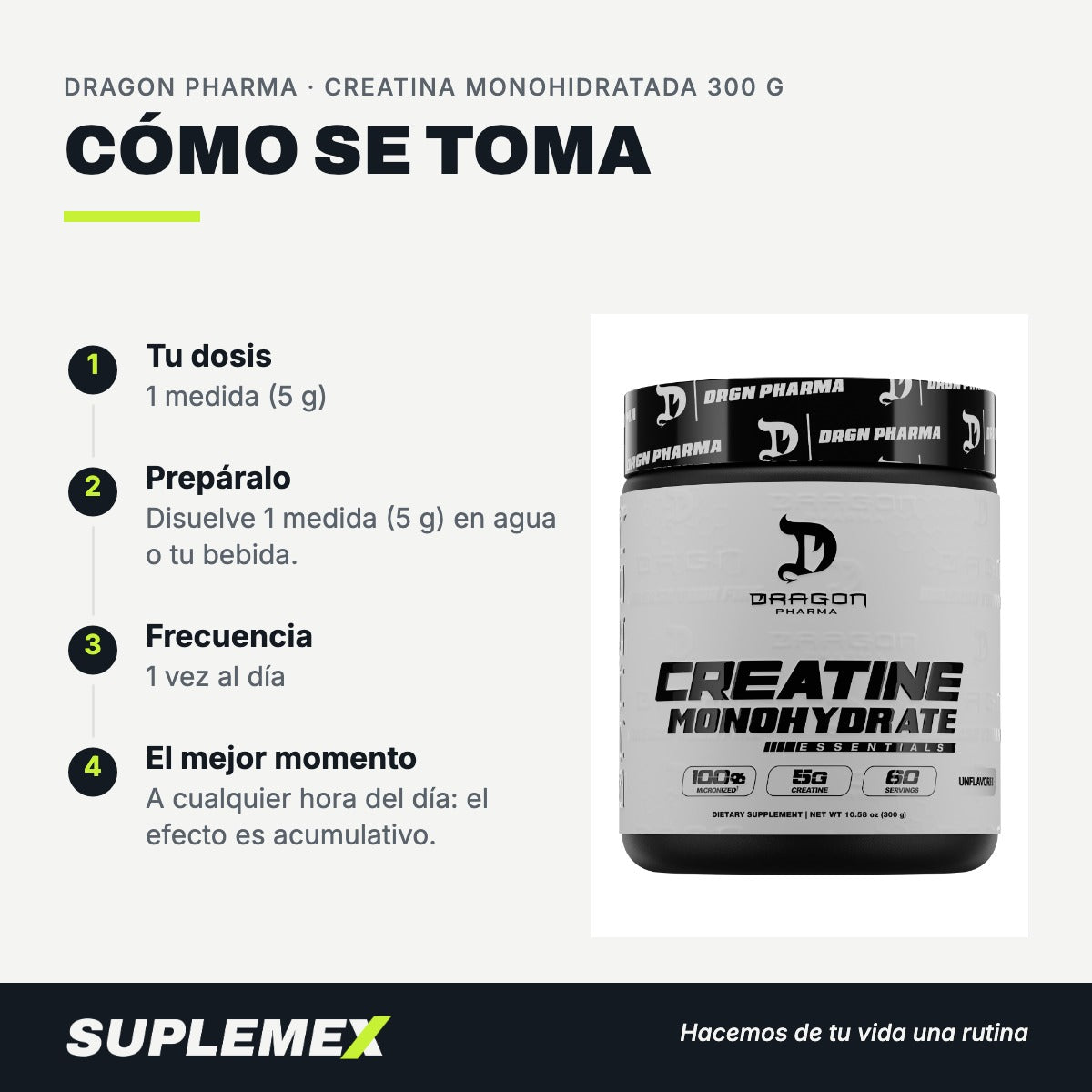 Modo de uso Creatina monohidratada: 5 g (1 medida)