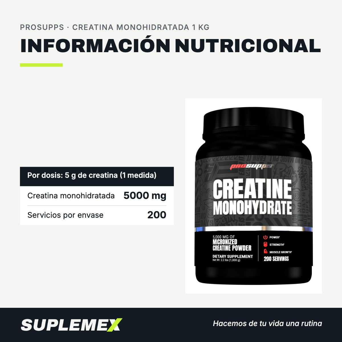 Información nutricional Creatina monohidratada 1 kg