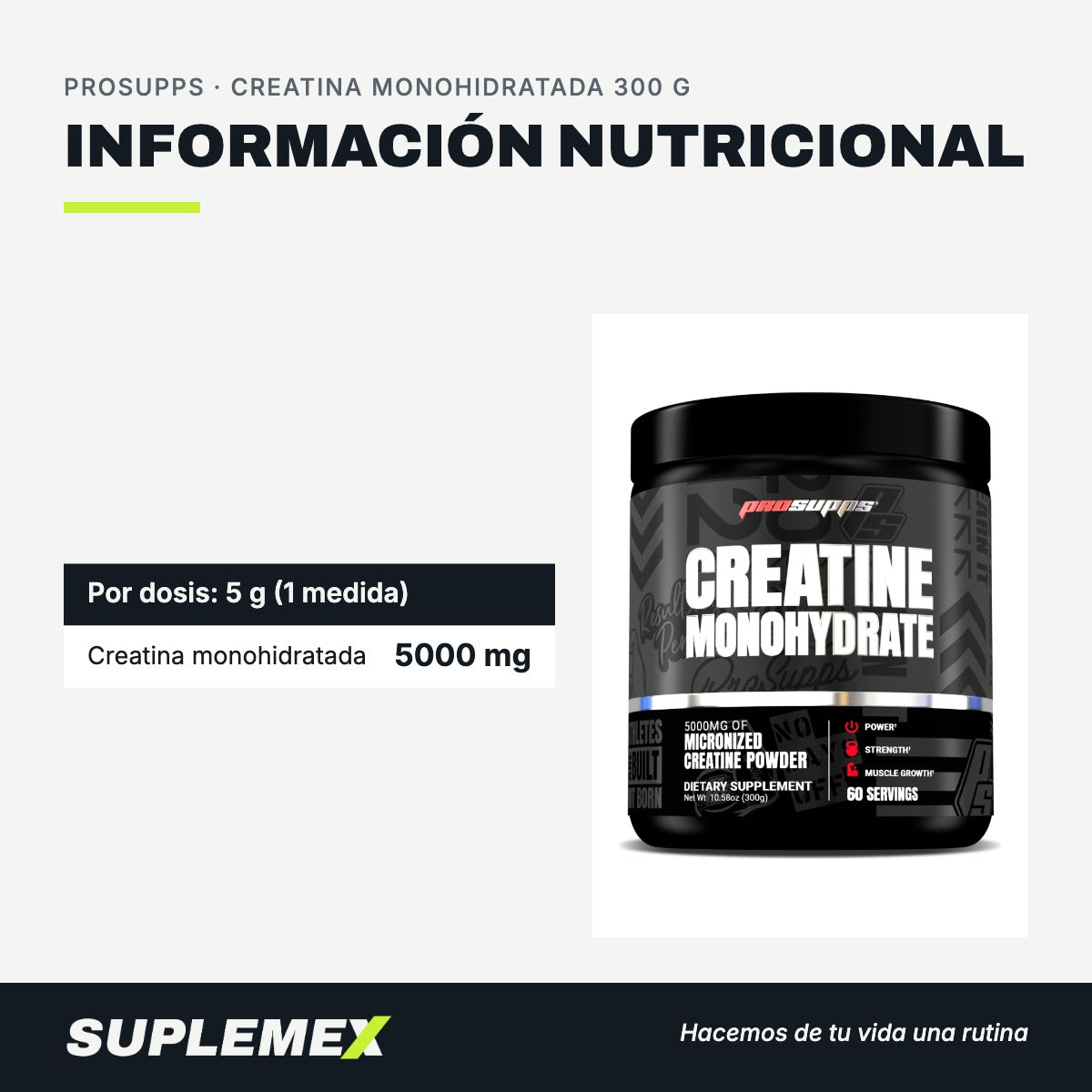 Información nutricional Creatina monohidratada 300 g