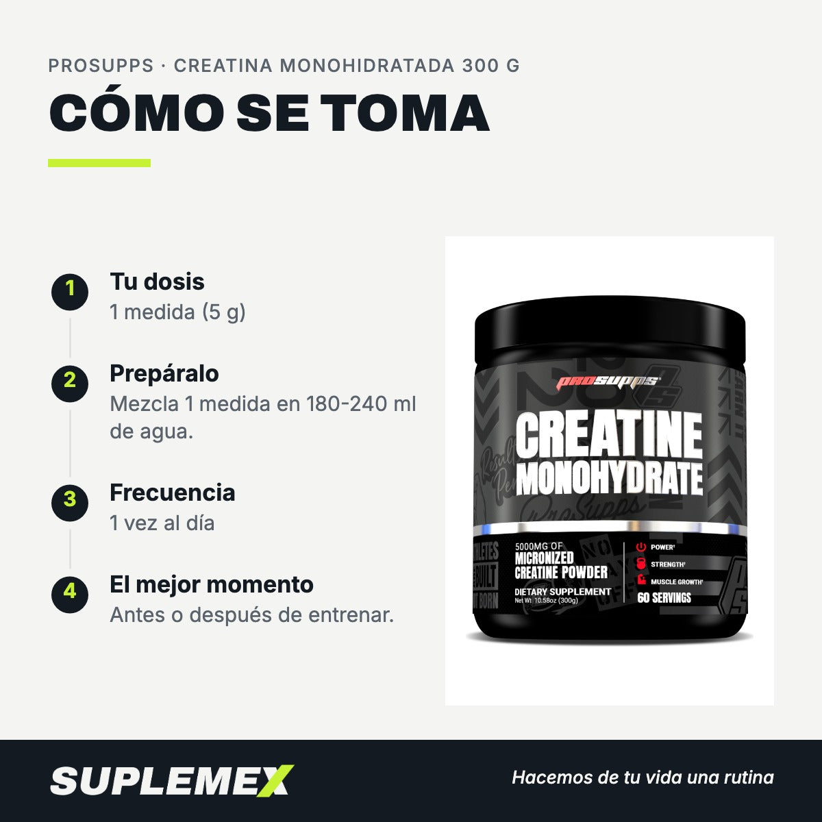 Modo de uso Creatina monohidratada: 5 g (1 medida) en 180-240 ml