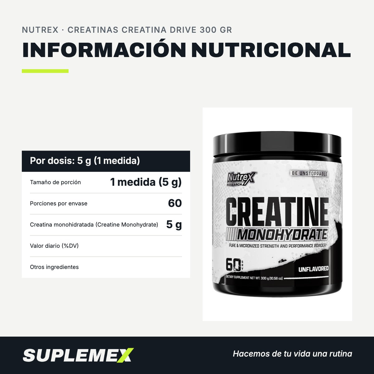 Información nutricional Creatinas creatina drive 300 gr