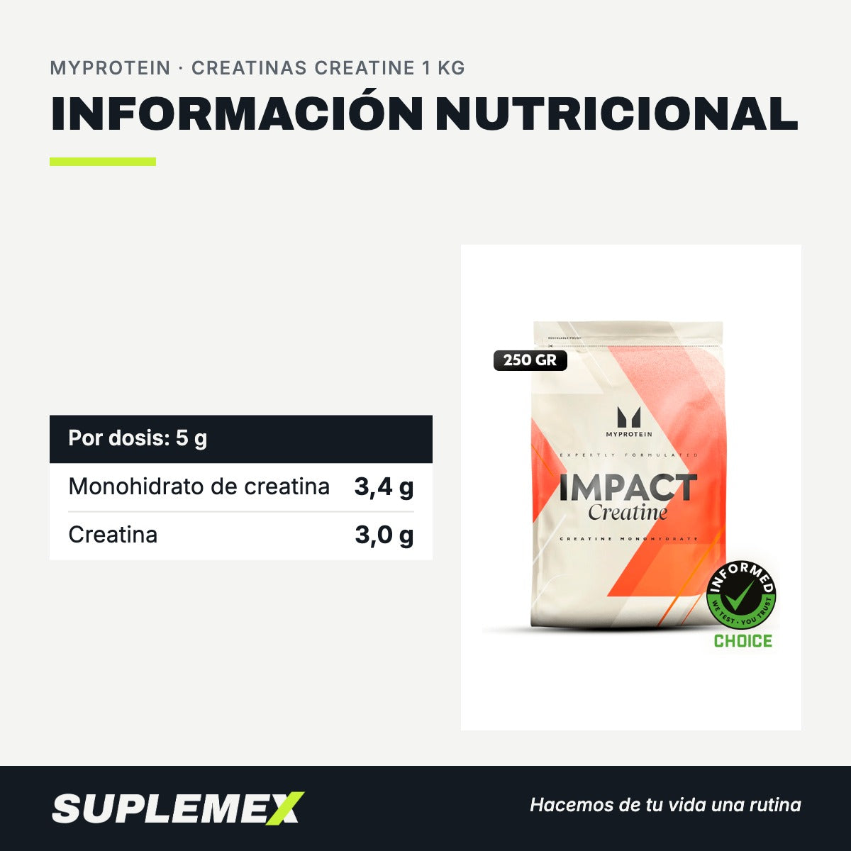 Información nutricional Creatinas creatine 1 kg