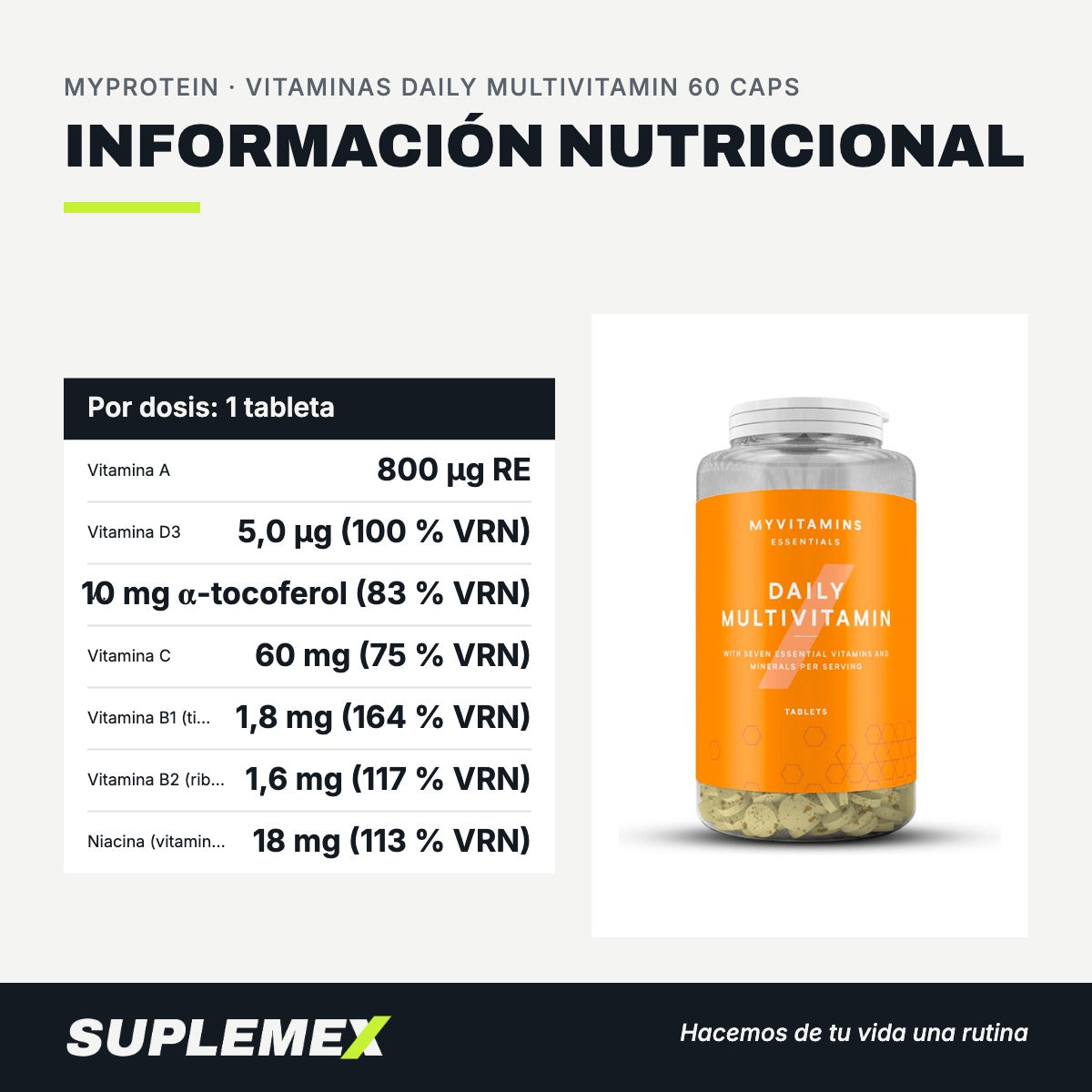 Información nutricional Vitaminas daily multivitamin 60 caps