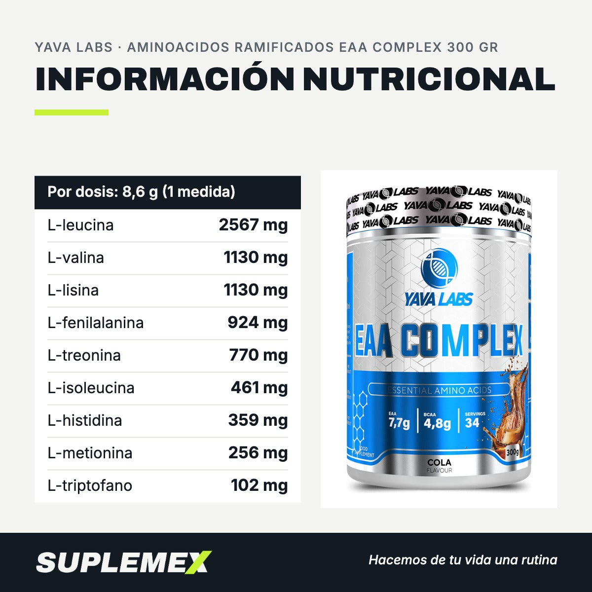 Información nutricional Aminoacidos ramificados eaa complex 300 gr