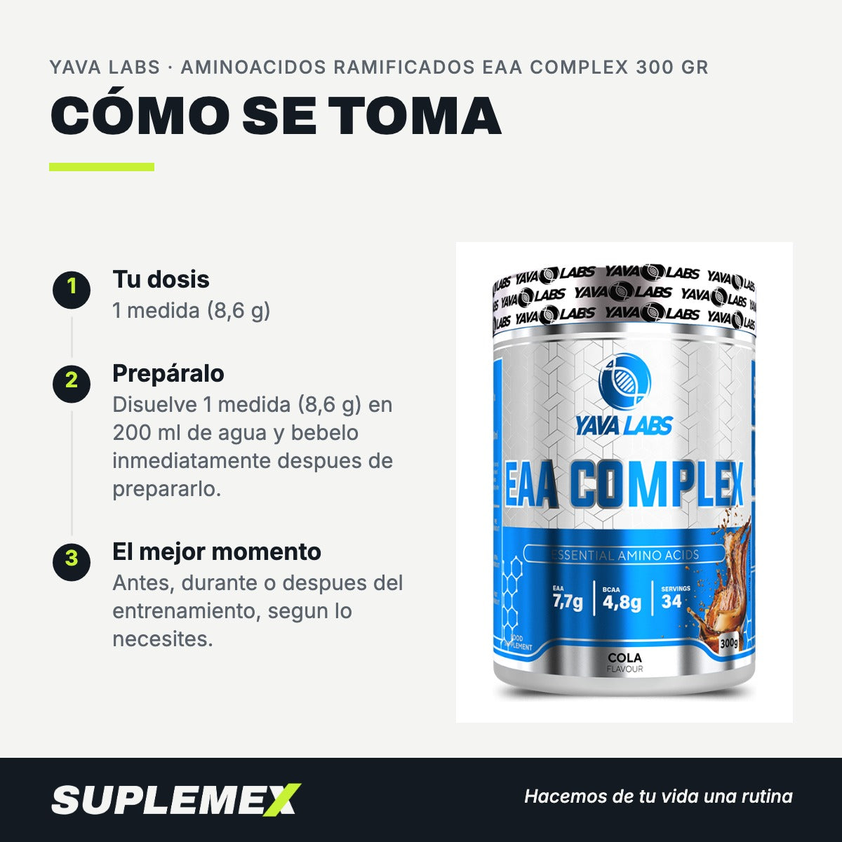 Modo de uso Aminoacidos ramificados eaa complex: 8,6 g (1 medida) en 200 ml