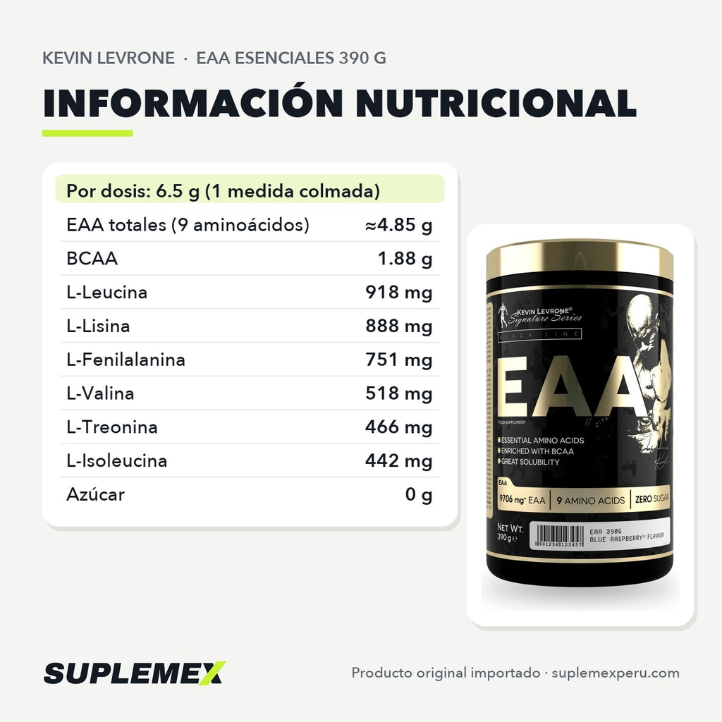 Tabla nutricional de Aminoácidos EAA Kevin Levrone 390 g: servicio de 6,5 g, 60 por envase.