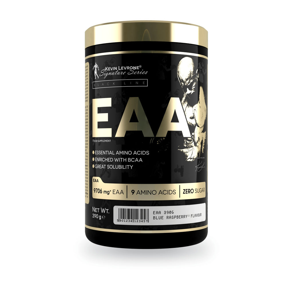 Aminoácidos EAA 390 g Kevin Levrone, envase frontal. 60 servicios de 6,5 g.