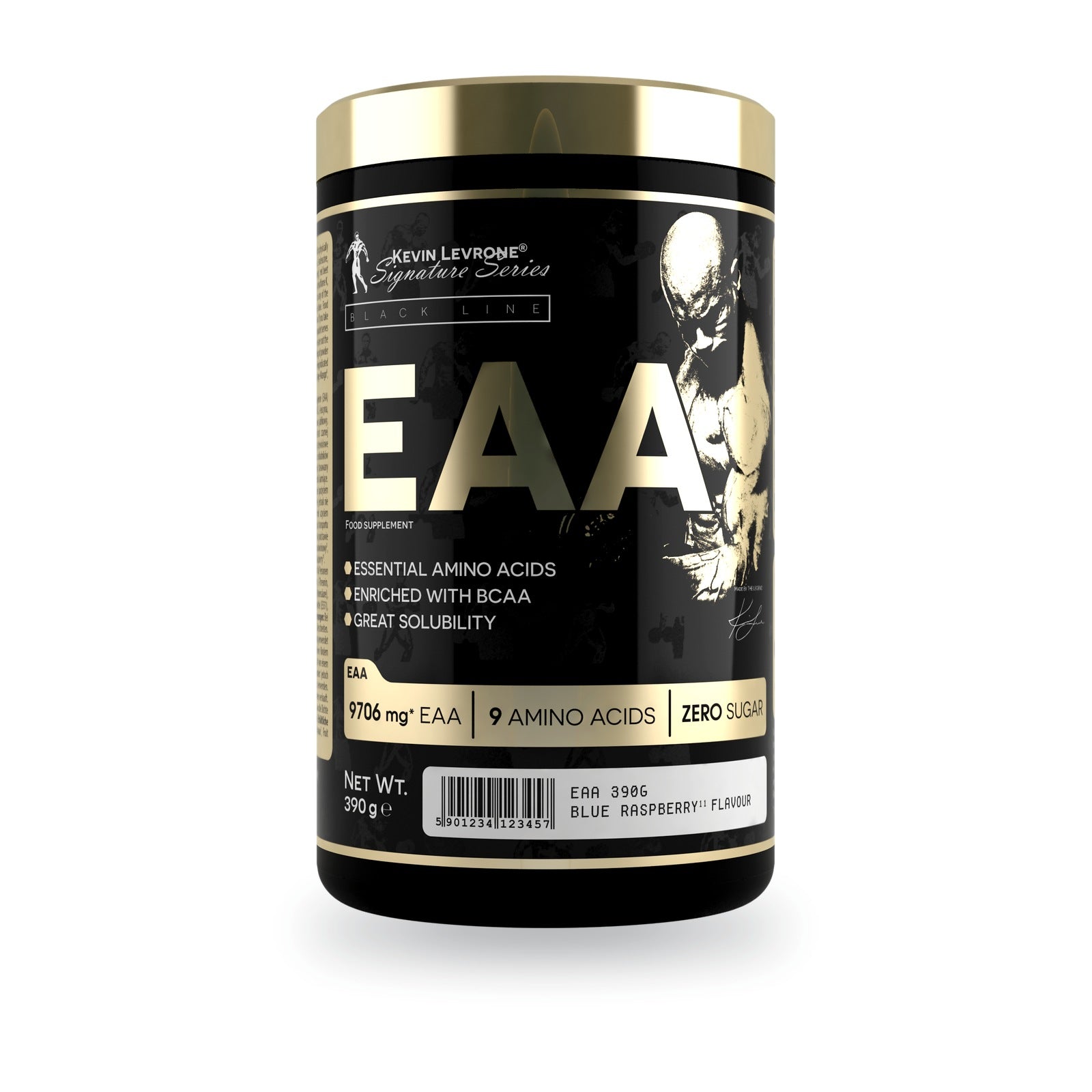 Aminoácidos EAA 390 g Kevin Levrone, envase frontal. 60 servicios de 6,5 g.