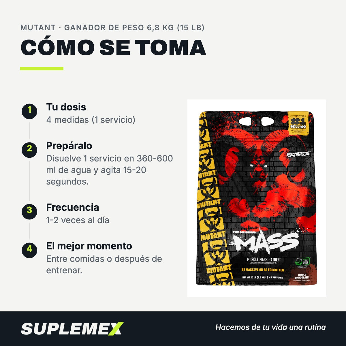 Modo de uso Ganador de peso: 4 medidas (1 servicio) en 360-600 ml