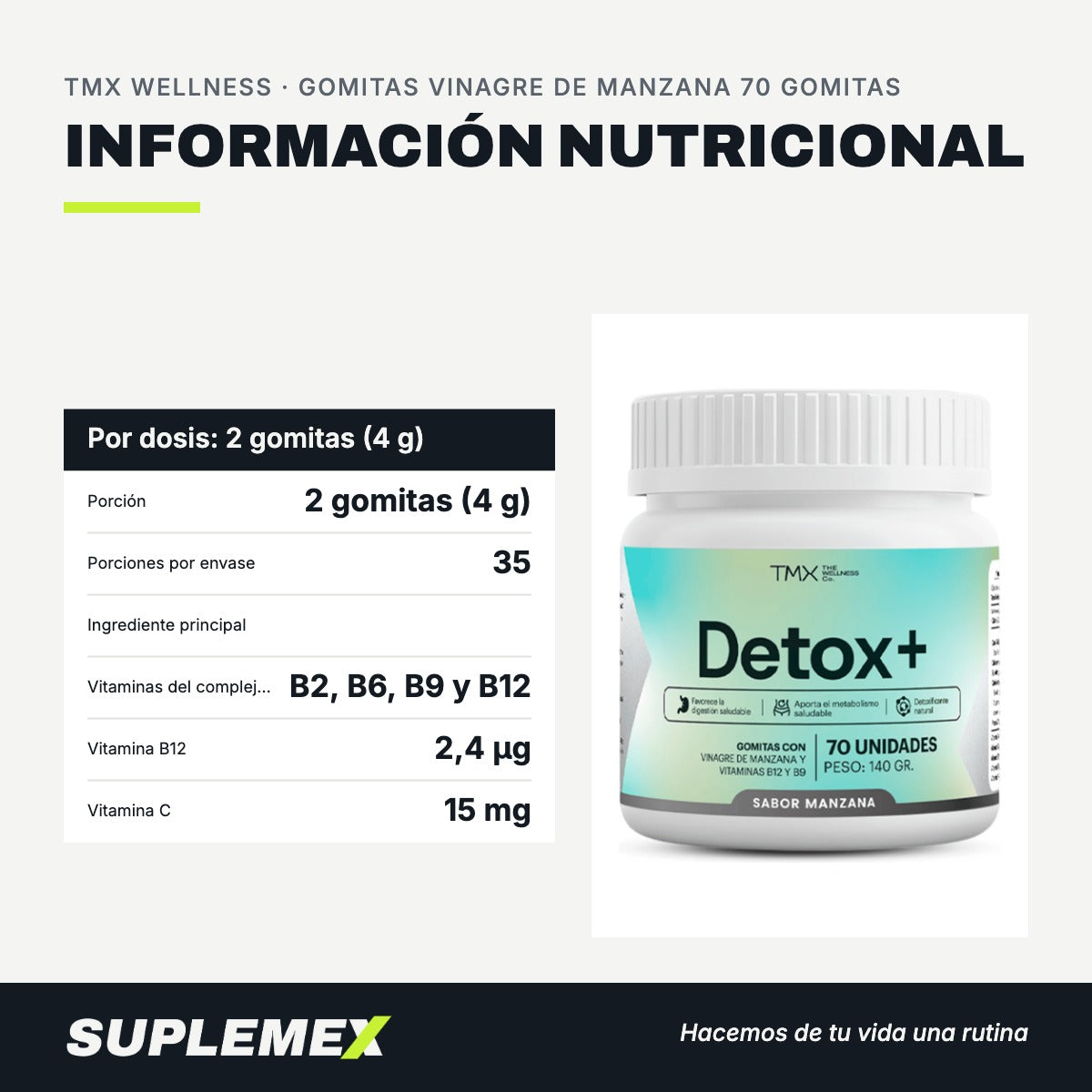 Información nutricional Gomitas vinagre de manzana 70 gomitas