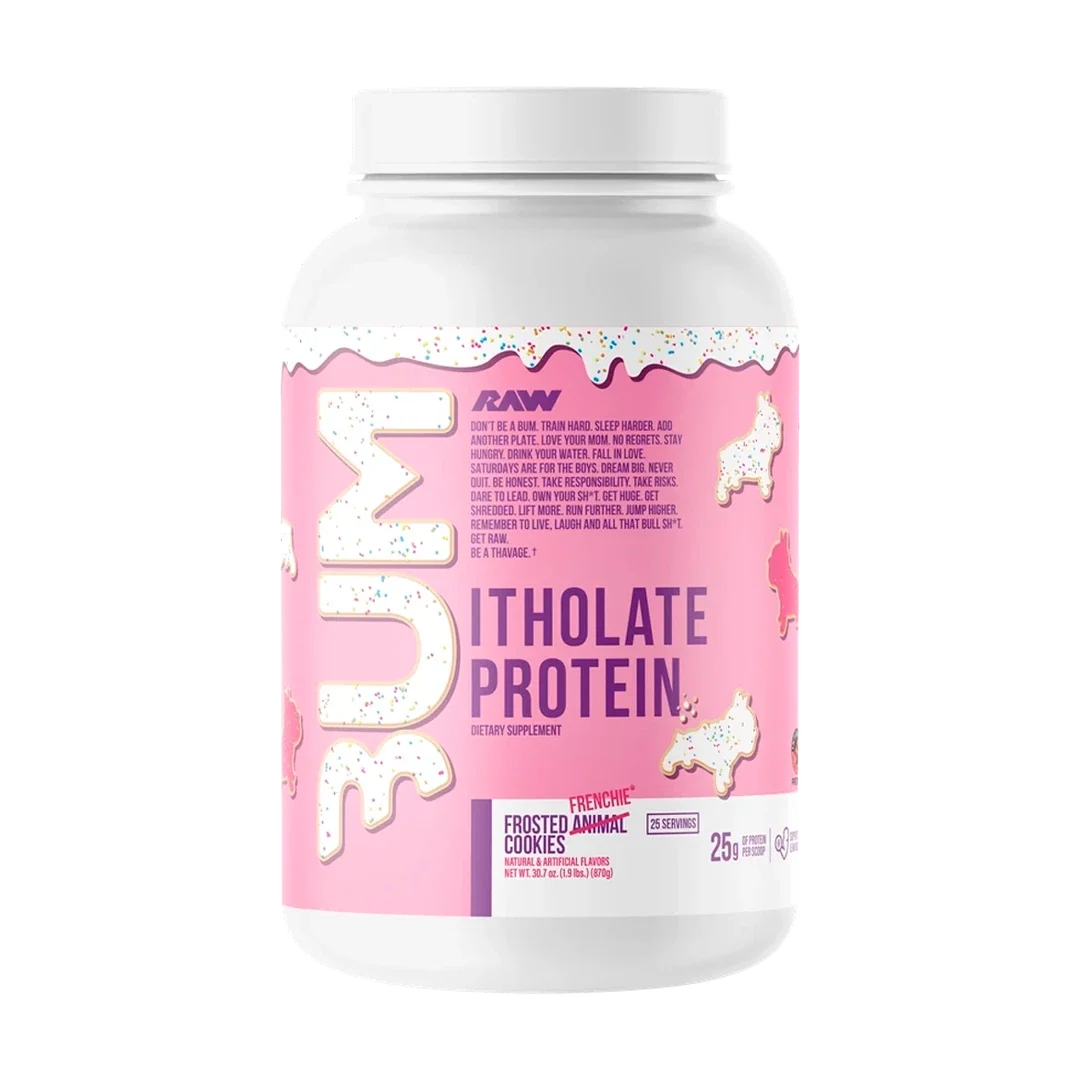 Pote de BUM Itholate Protein de RAW Nutrition, sabor Frosted Frenchie Cookie, 2 lb, etiqueta rosa
