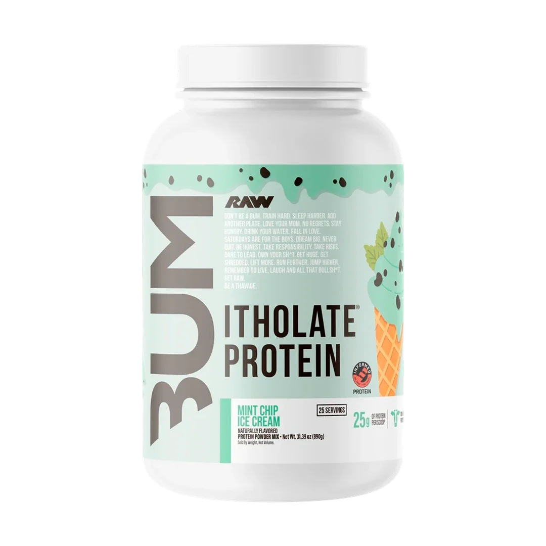 Pote de BUM Itholate Protein de RAW Nutrition, sabor Mint Chip Ice Cream, 2 lb, etiqueta verde menta