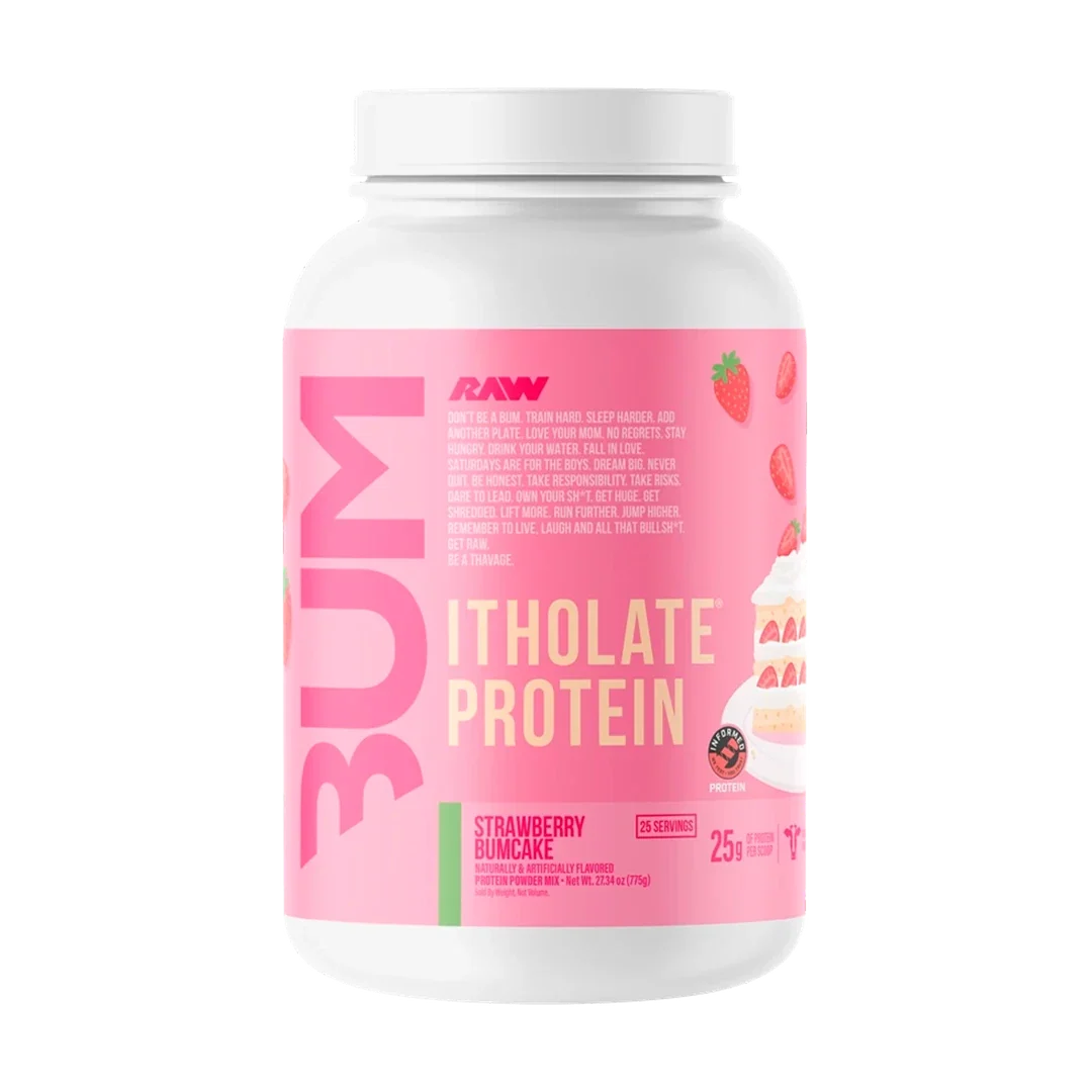 Pote de BUM Itholate Protein de RAW Nutrition, sabor Strawberry Bumcake, 2 lb, etiqueta rosa fresa