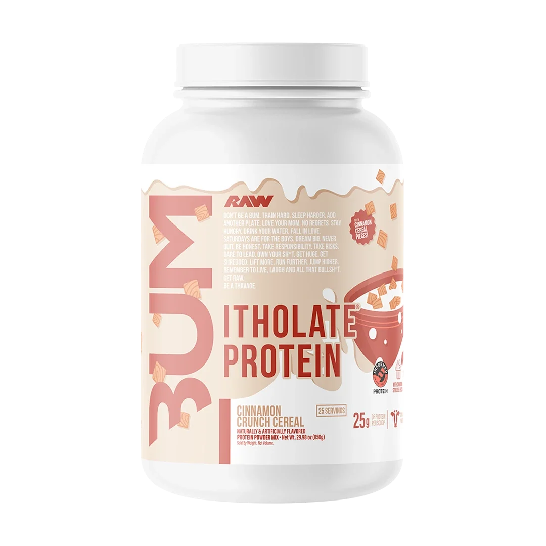 Pote de BUM Itholate Protein de RAW Nutrition, sabor Cinnamon Crunch Cereal, 2 lb, etiqueta beige
