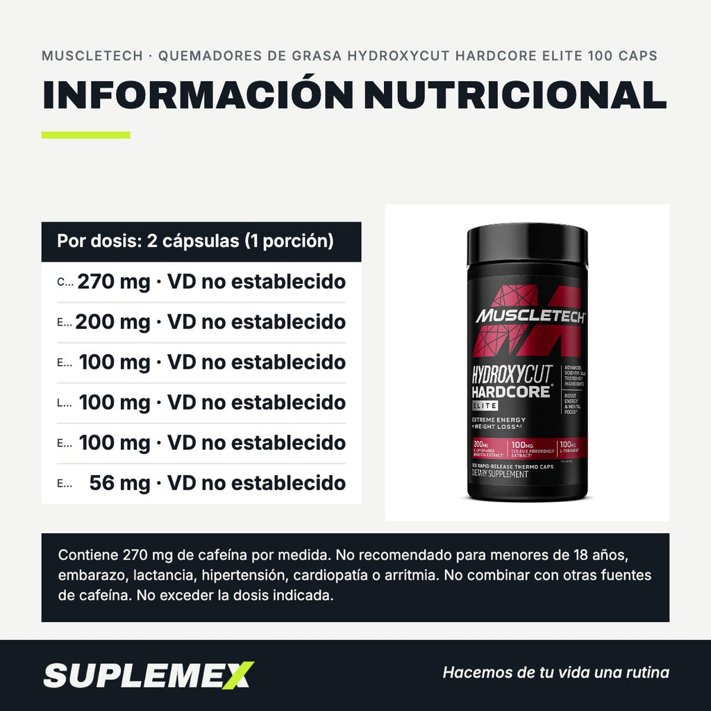 Información nutricional Quemadores de grasa hydroxycut hardcore elite 100 caps