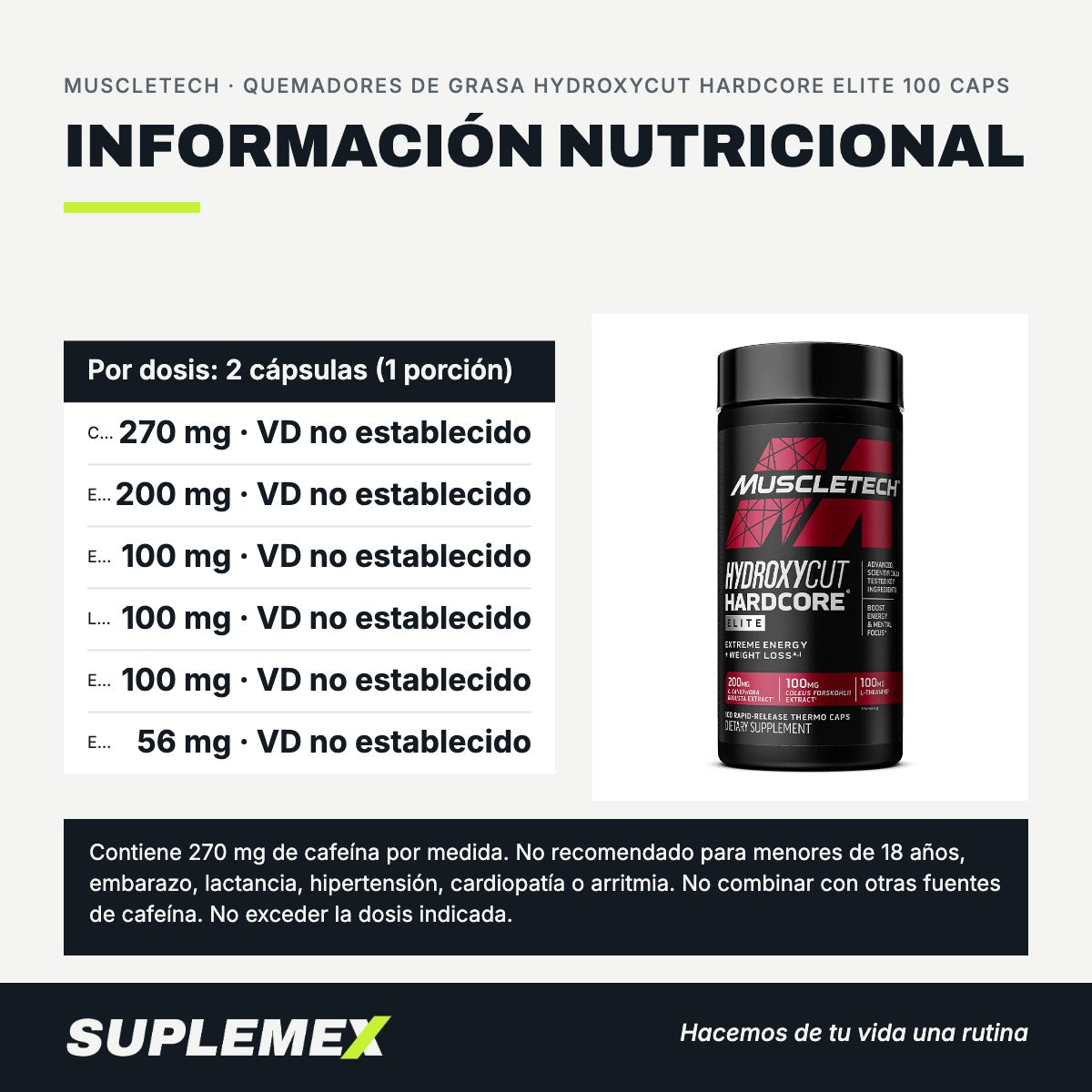 Información nutricional Quemadores de grasa hydroxycut hardcore elite 100 caps