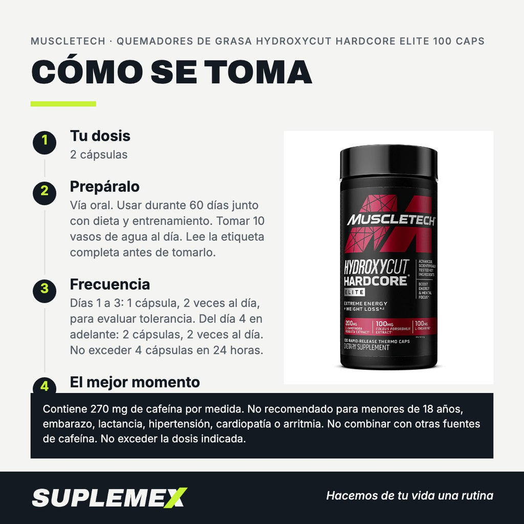 Modo de uso Quemadores de grasa hydroxycut hardcore elite: 2 cápsulas (1 porción)