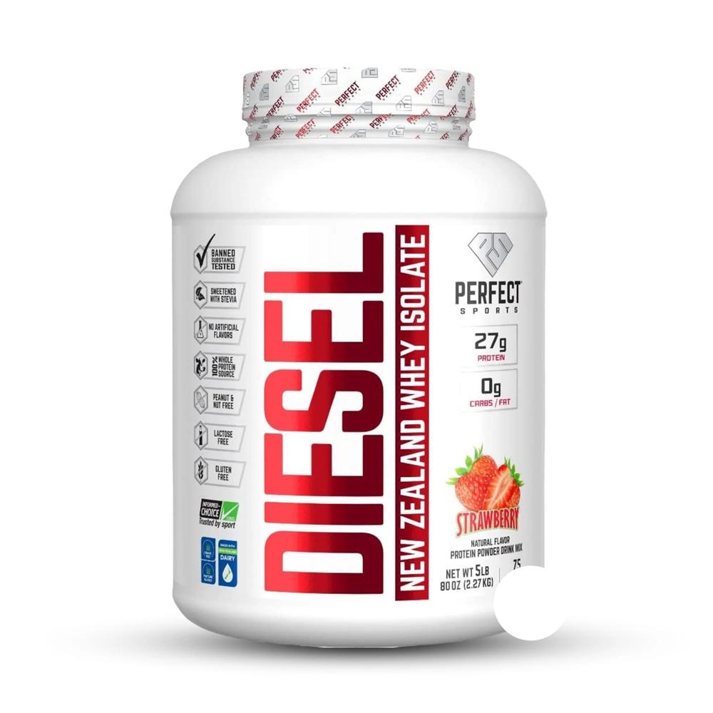 Envase de proteína aislada Diesel de Perfect Sports sabor fresa