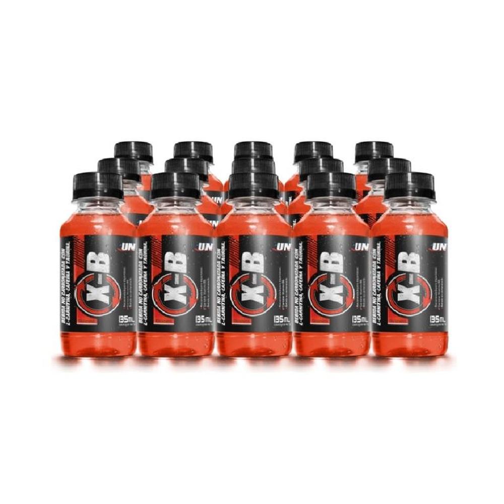 Quince botellas de X-B de 135 mL con liquido naranja y etiqueta negra, sobre fondo blanco