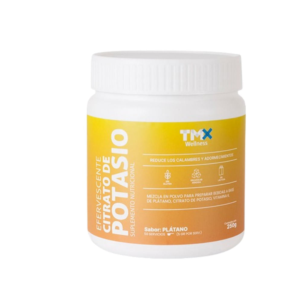 Envase de citrato de potasio efervescente sabor plátano de TMX Wellness