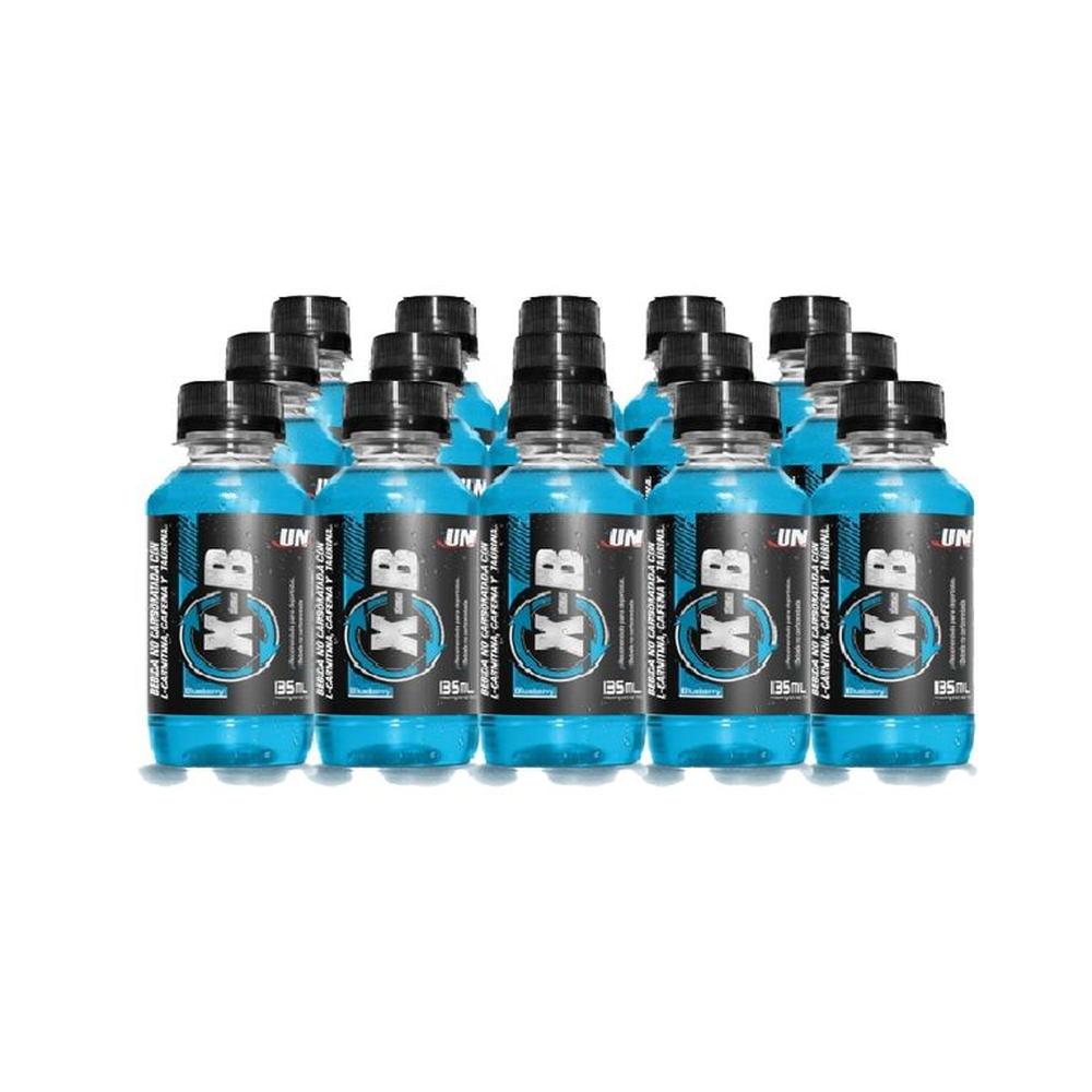 Quince botellas de X-B de 135 mL con liquido azul y etiqueta negra, sobre fondo blanco