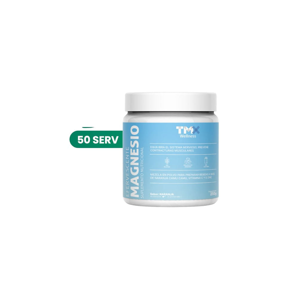 Envase de magnesio efervescente sabor naranja de TMX Wellness