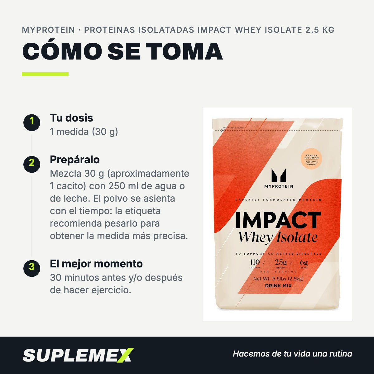 Modo de uso Proteinas isolatadas impact whey isolate: 30 g (aprox. 1 medida) en 250 ml