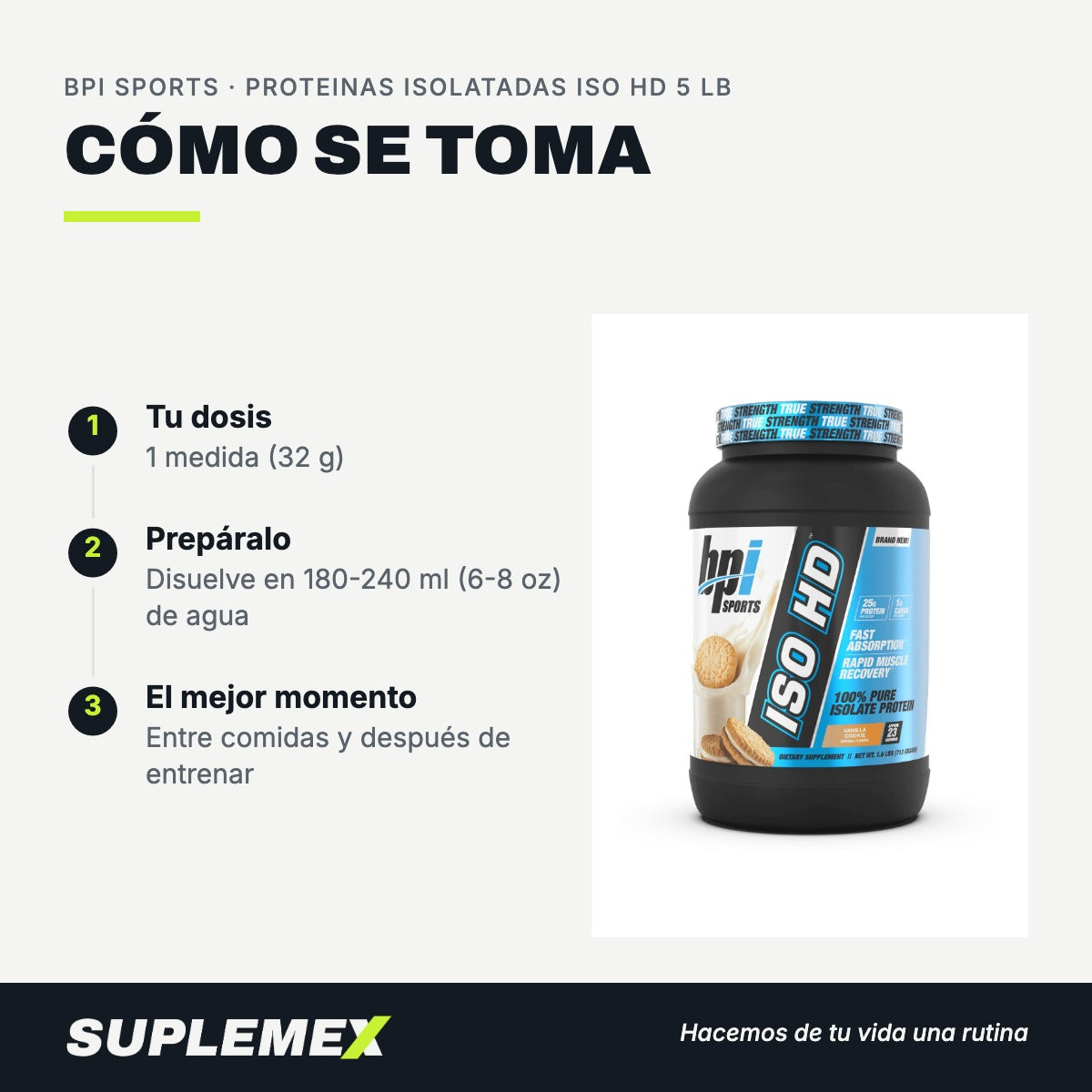 Modo de uso Proteinas isolatadas iso hd: 32 g (1 medida) en 180-240 ml