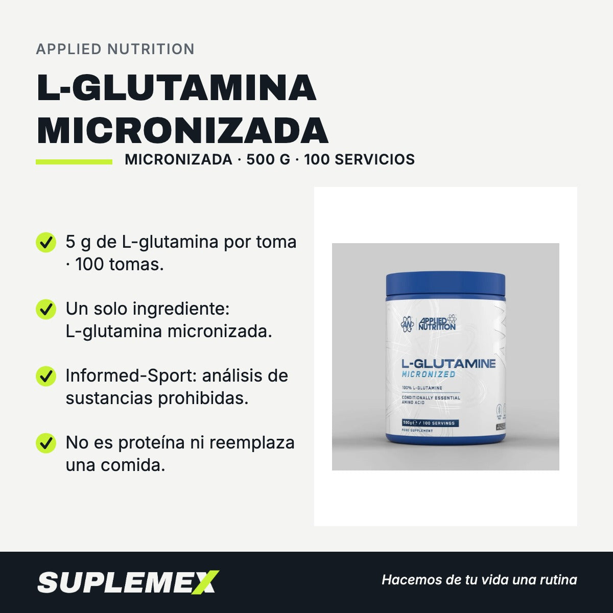 Gráfica de beneficios de L-glutamina micronizada 500 g