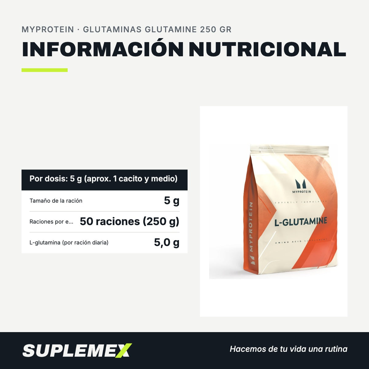 Información nutricional Glutaminas glutamine 250 gr