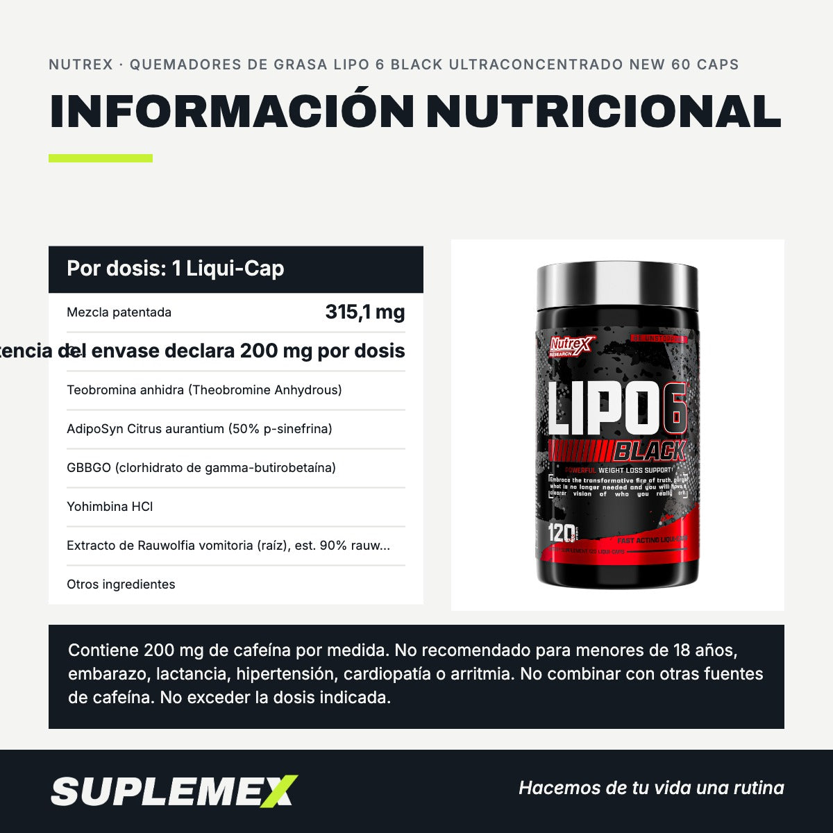 Información nutricional Quemadores de grasa lipo 6 black ultraconcentrado new 60 caps