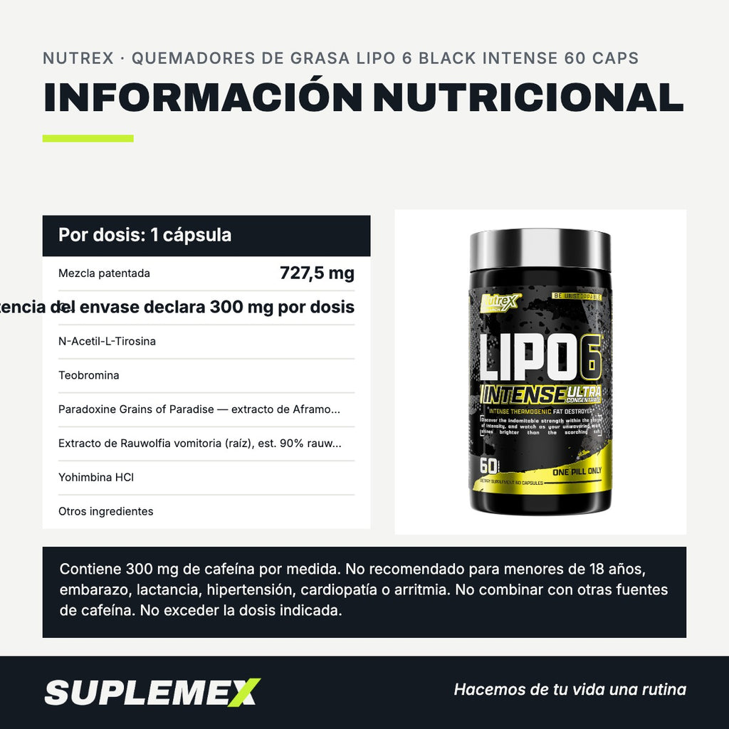 Información nutricional Quemadores de grasa lipo 6 black intense 60 caps