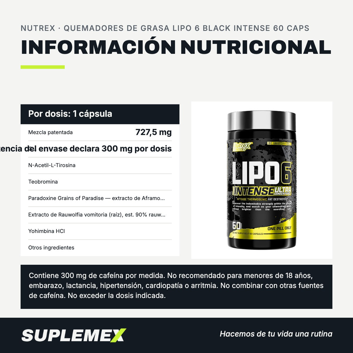 Información nutricional Quemadores de grasa lipo 6 black intense 60 caps