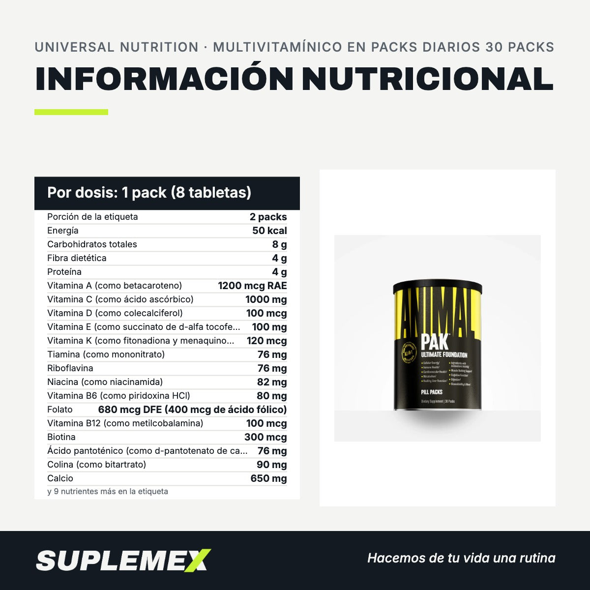 Información nutricional Multivitamínico en packs diarios 30 packs