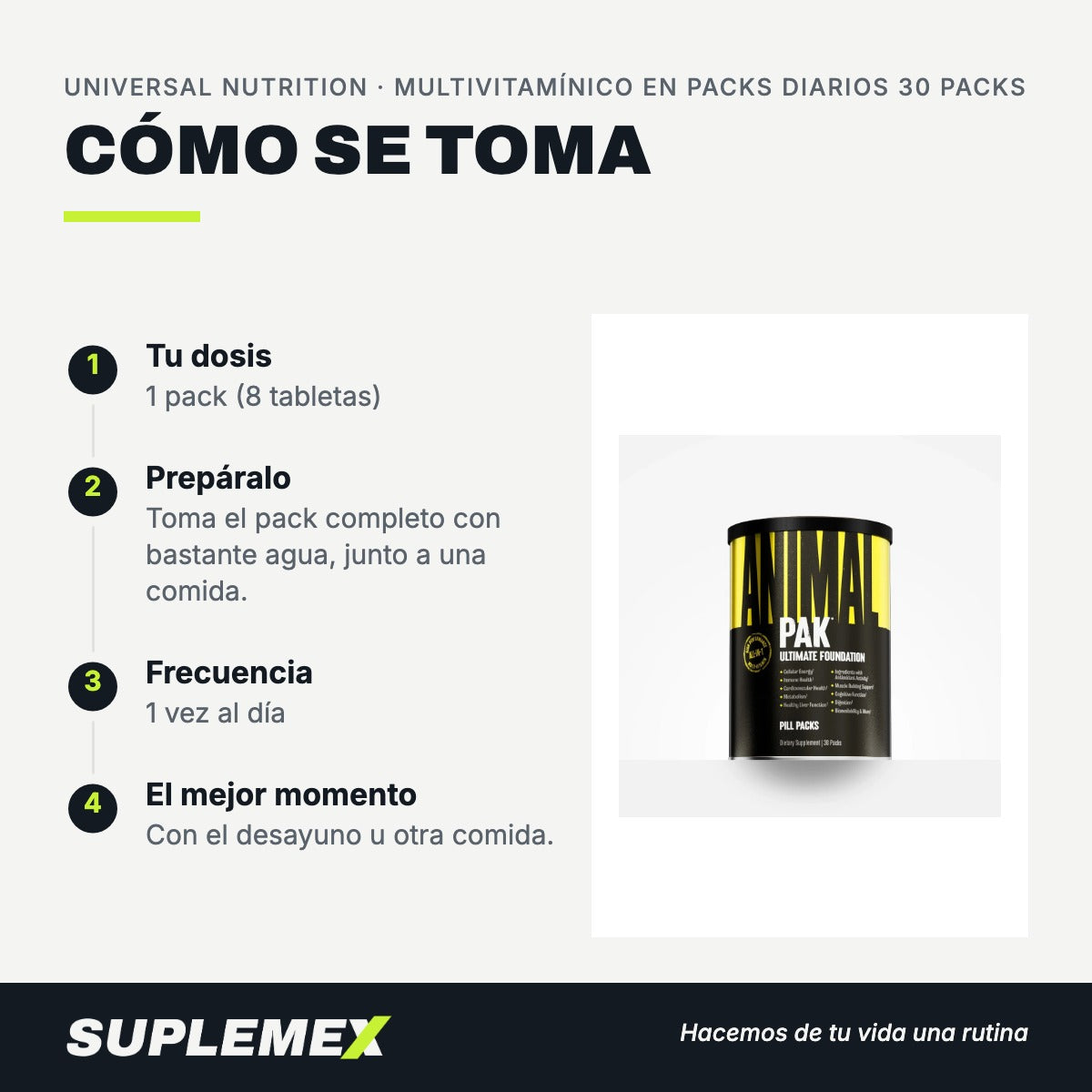 Modo de uso Multivitamínico en packs diarios: 1 pack (8 tabletas)