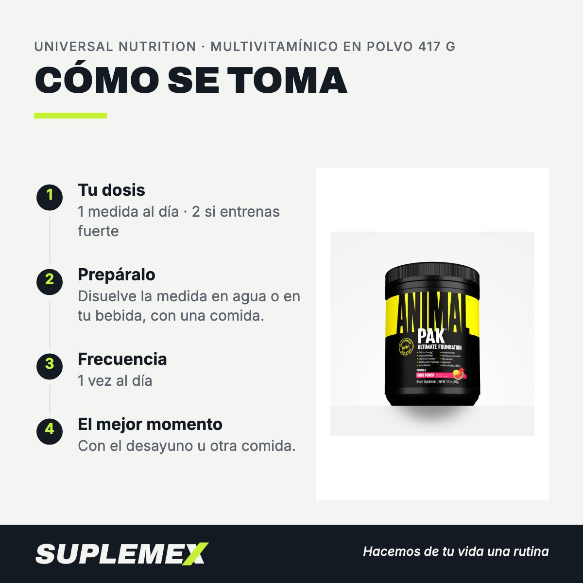 Modo de uso Multivitamínico en polvo: 2 medidas (1 servicio)