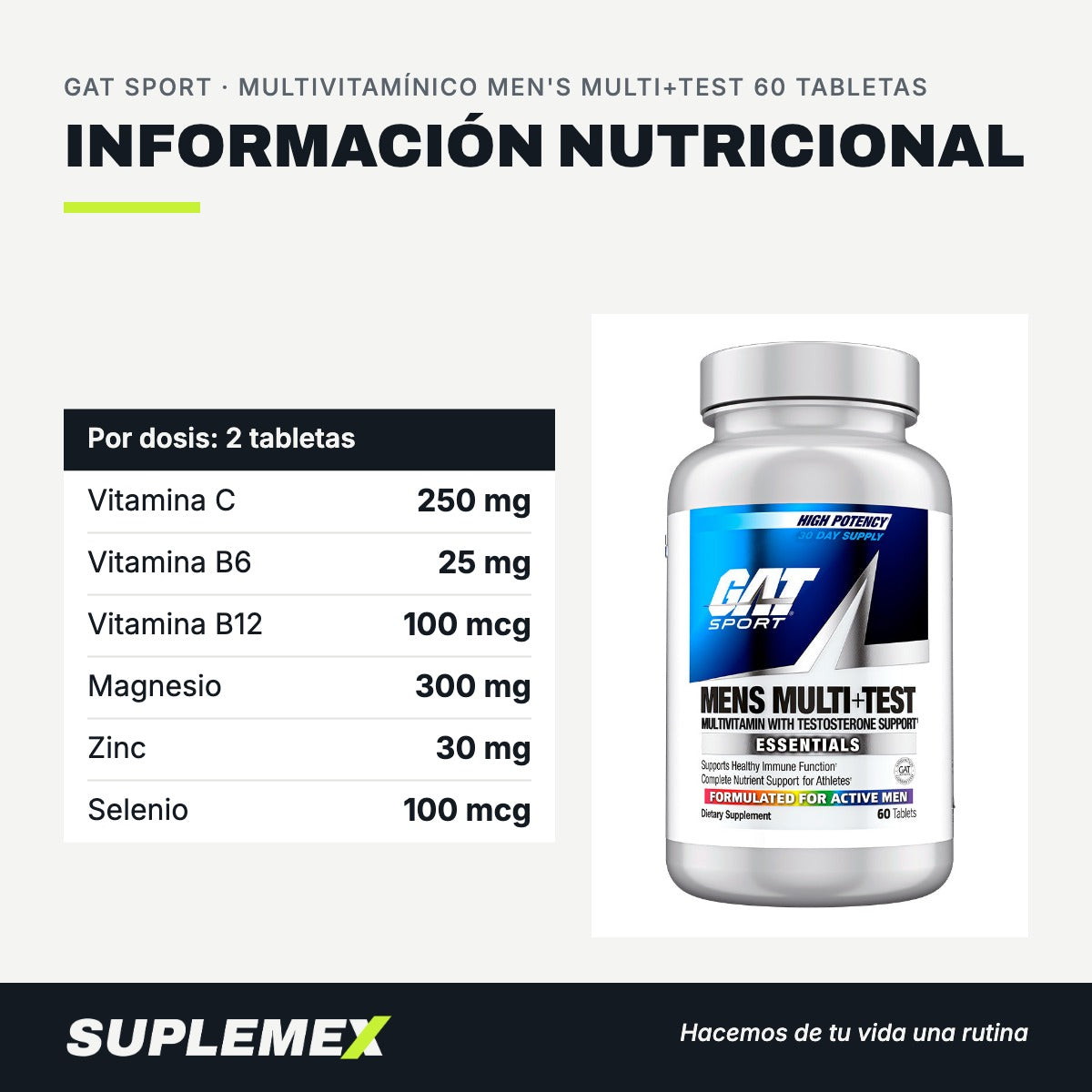 Información nutricional Multivitamínico men's multi+test 60 tabletas