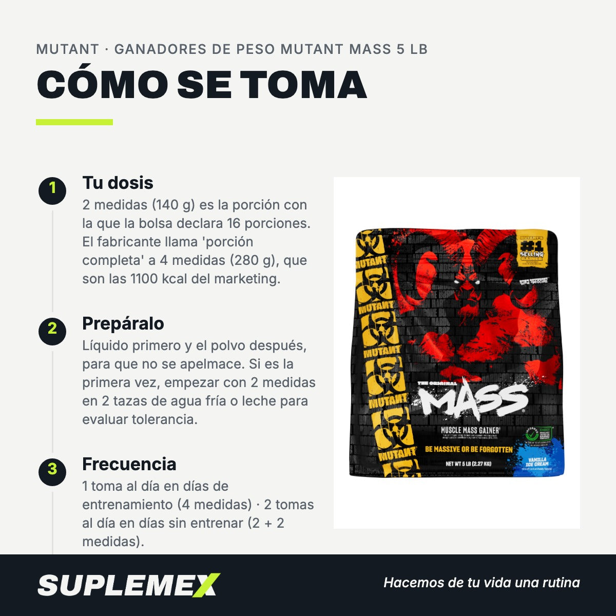 Modo de uso Ganadores de peso mutant mass: 140 g (2 medidas)