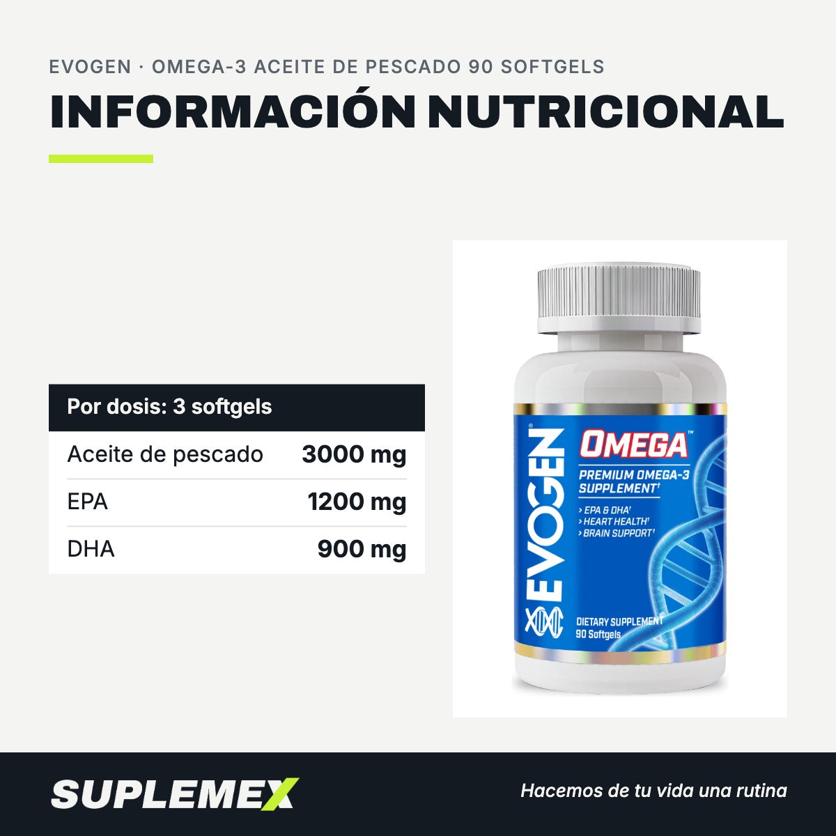 Información nutricional Omega-3 aceite de pescado 90 softgels